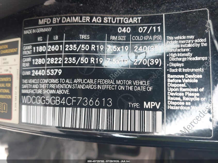 2012 Mercedes-benz Glk-klasse VIN WDCGG5GB4CF736613 IAAI salvage auction — NORMAL WEAR, Clear-Dealer Only (North Carolina), sold $450 on 2026-08-17 (photo 9)
