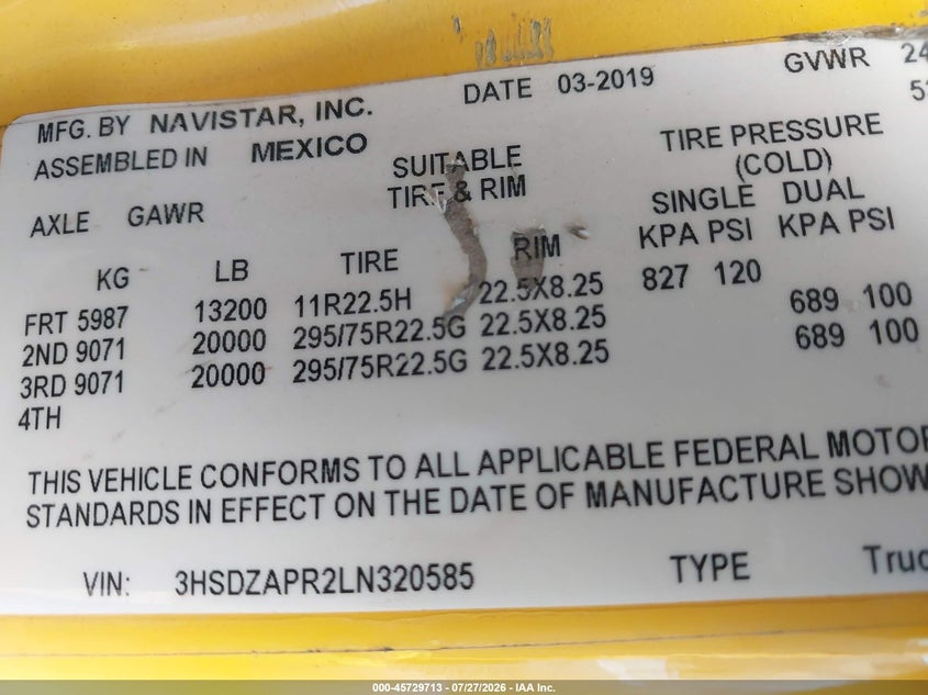 2020 International Lt VIN 3HSDZAPR2LN320585 IAAI salvage auction — REPOSSESSION, Clear (Texas), sold $5,600 on 2026-08-19 (photo 8)