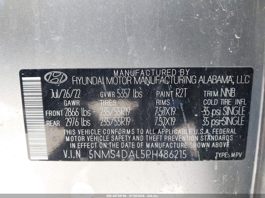 2023 Hyundai Santa fe VIN 5NMS4DAL5PH486215 IAAI salvage auction — LEFT FRONT, Salvage Title, sold $8,150 on 2026-09-02 (photo 9)