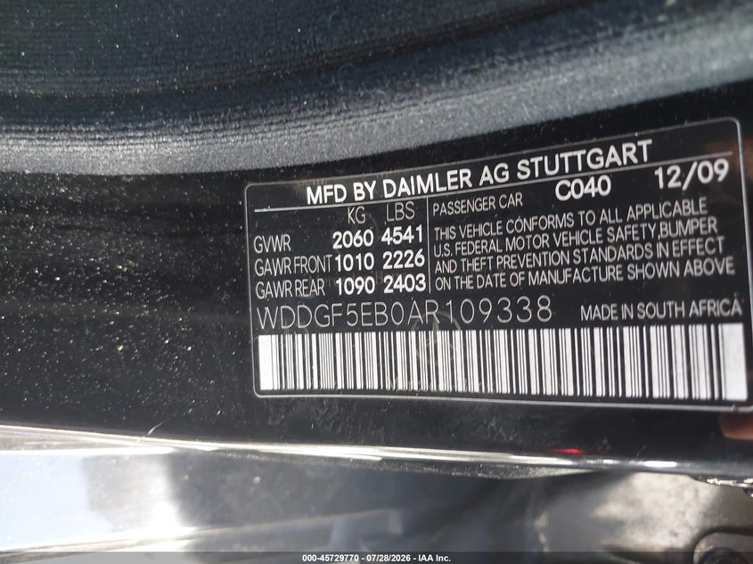 2010 Mercedes-benz C-klasse VIN WDDGF5EB0AR109338 IAAI salvage auction — REAR END, Salvage Certificate (California), sold $650 on 2026-08-19 (photo 9)