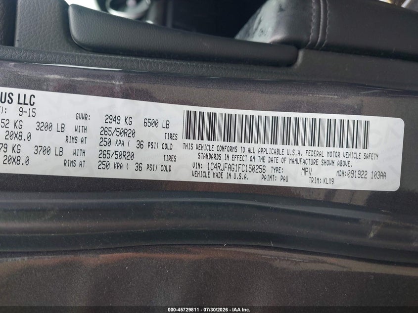 2015 Jeep Grand cherokee VIN 1C4RJFAG1FC150256 IAAI salvage auction — FRONT END, Reconstructed (Massachusetts), sold $1,650 on 2026-08-03 (photo 9)