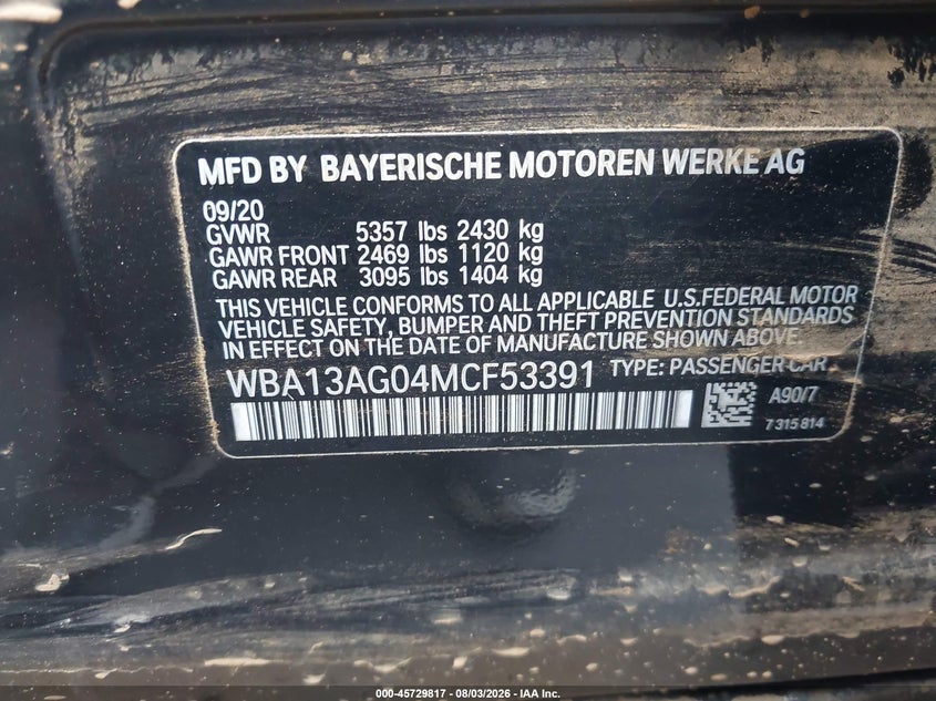 2021 BMW 5er VIN WBA13AG04MCF53391 IAAI salvage auction — WATER/FLOOD, Salvage Title, sold $5,900 on 2026-08-22 (photo 9)