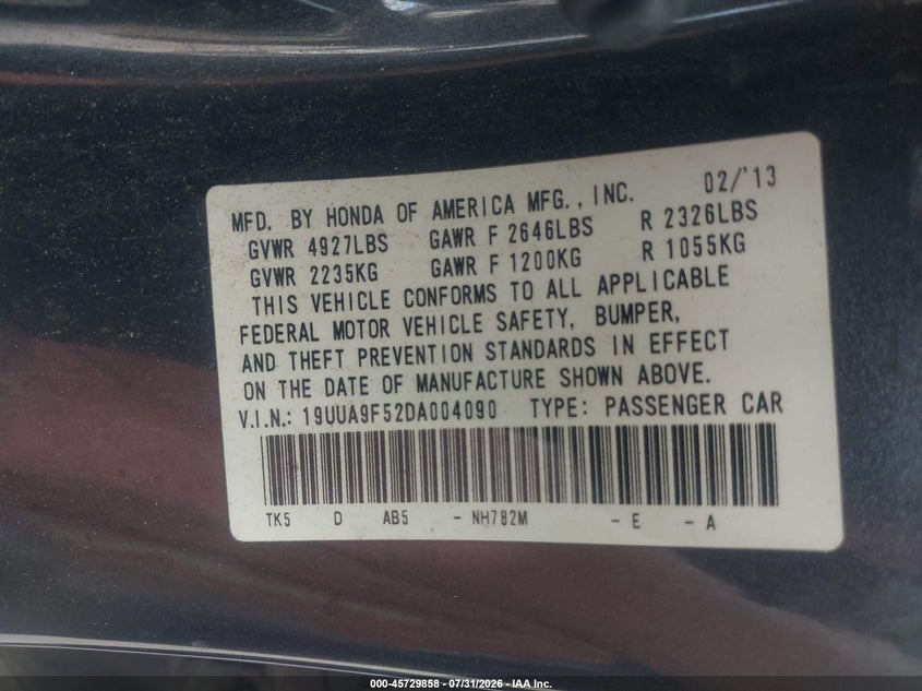 2013 Acura Tl VIN 19UUA9F52DA004090 IAAI salvage auction — NORMAL WEAR, Clear (Delaware), sold $750 on 2026-08-26 (photo 9)