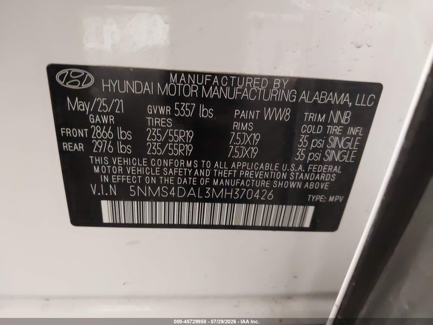 2021 Hyundai Santa fe VIN 5NMS4DAL3MH370426 IAAI salvage auction — SIDE, Salvage Title, sold $7,100 on 2026-08-22 (photo 9)