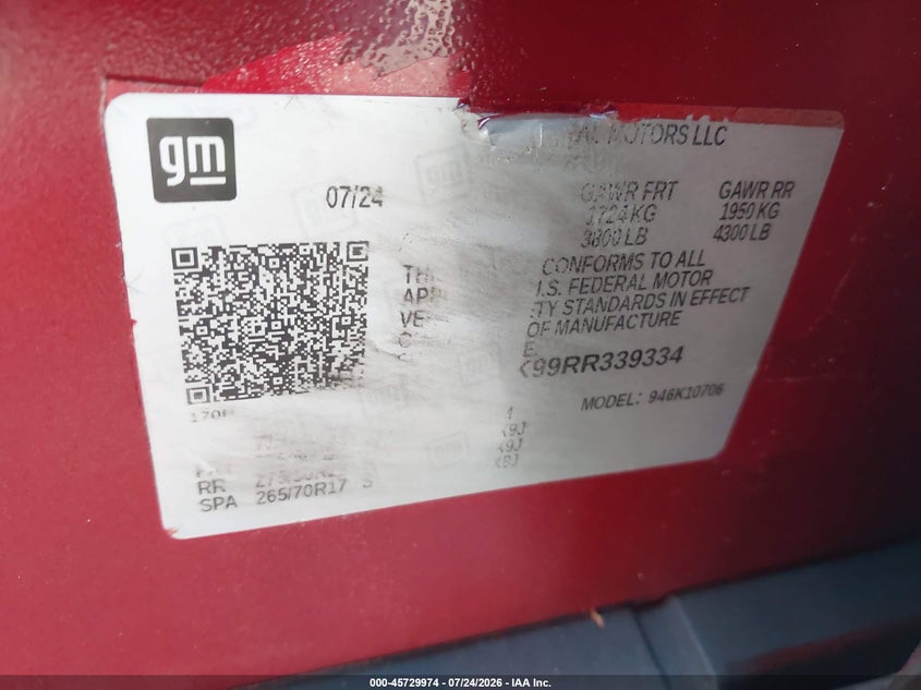 2024 Cadillac Escalade VIN 1GYS4HK99RR339334 IAAI salvage auction — NORMAL WEAR, Salvage Title, sold $21,100 on 2026-07-30 (photo 9)