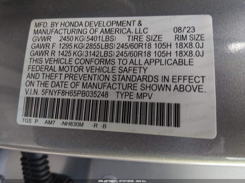 2023 Honda Passport VIN 5FNYF8H65PB035248 IAAI salvage auction — LEFT FRONT, Wait Title, sold $9,200 on 2026-08-28 (photo 9)