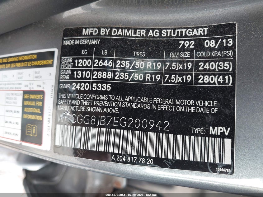 2014 Mercedes-benz Glk-klasse VIN WDCGG8JB7EG200942 IAAI salvage auction — UNKNOWN, Clear (New Jersey), sold $2,050 on 2026-08-06 (photo 9)