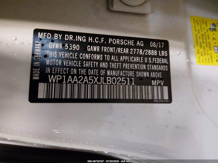 2018 Porsche Macan VIN WP1AA2A5XJLB02511 IAAI salvage auction — REAR END, Salvage (Massachusetts), sold $7,100 on 2026-08-13 (photo 9)