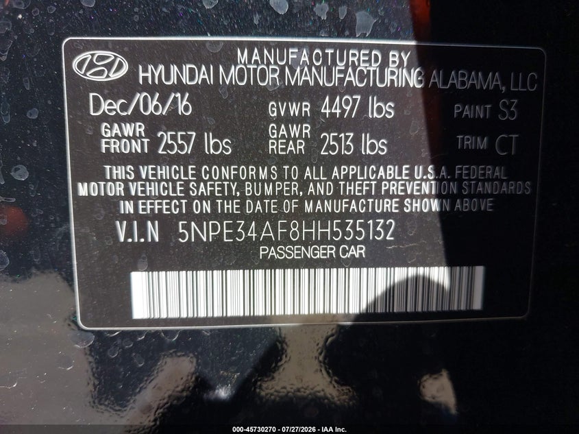 2017 Hyundai Sonata VIN 5NPE34AF8HH535132 IAAI salvage auction — THEFT, Salvage (Arizona), sold $3,550 on 2026-07-30 (photo 9)