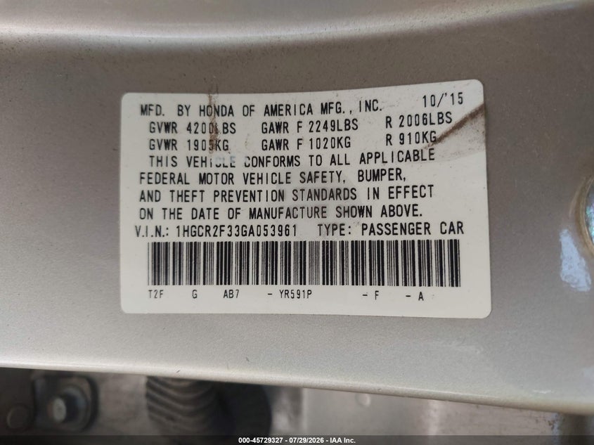 2016 Honda Accord VIN 1HGCR2F33GA053961 IAAI salvage auction — LEFT REAR, Salvage (Arizona), sold $3,350 on 2026-08-03 (photo 9)