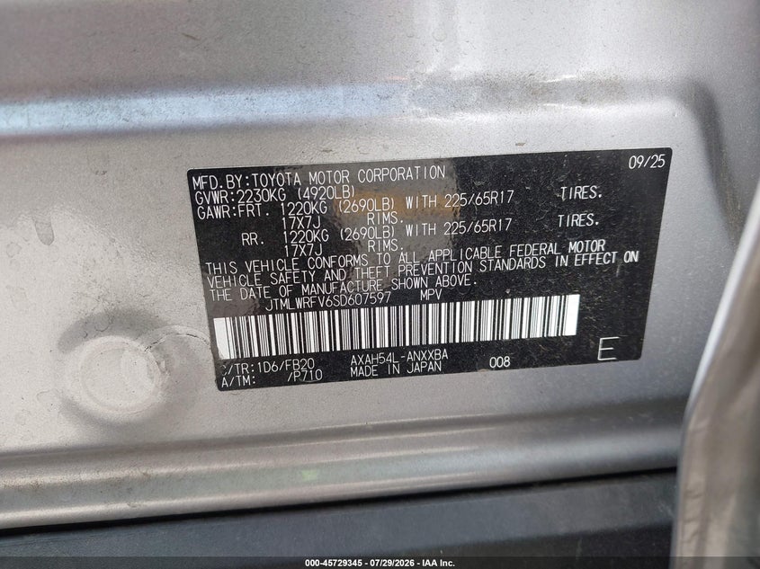 2025 Toyota Rav 4 VIN JTMLWRFV6SD607597 IAAI salvage auction — FRONT END, Wait Title, sold $10,550 on 2026-09-21 (photo 9)