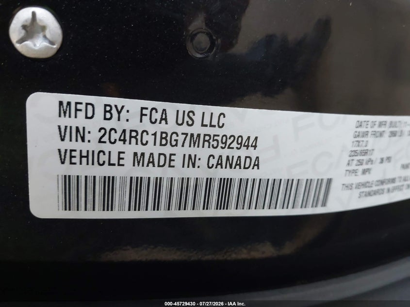 2021 Chrysler Pacifica VIN 2C4RC1BG7MR592944 IAAI salvage auction — SUSPENSION, Wait Title, sold $6,100 on 2026-09-07 (photo 9)