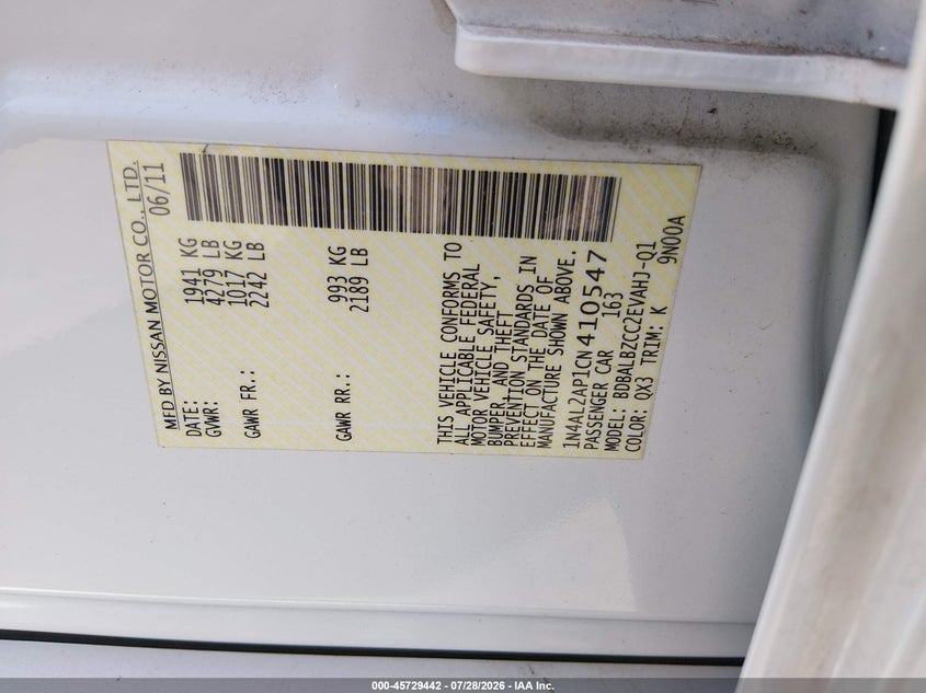 2012 Nissan Altima VIN 1N4AL2AP1CN410547 IAAI salvage auction — FRONT END, Salvage (California), sold $750 on 2026-08-24 (photo 9)
