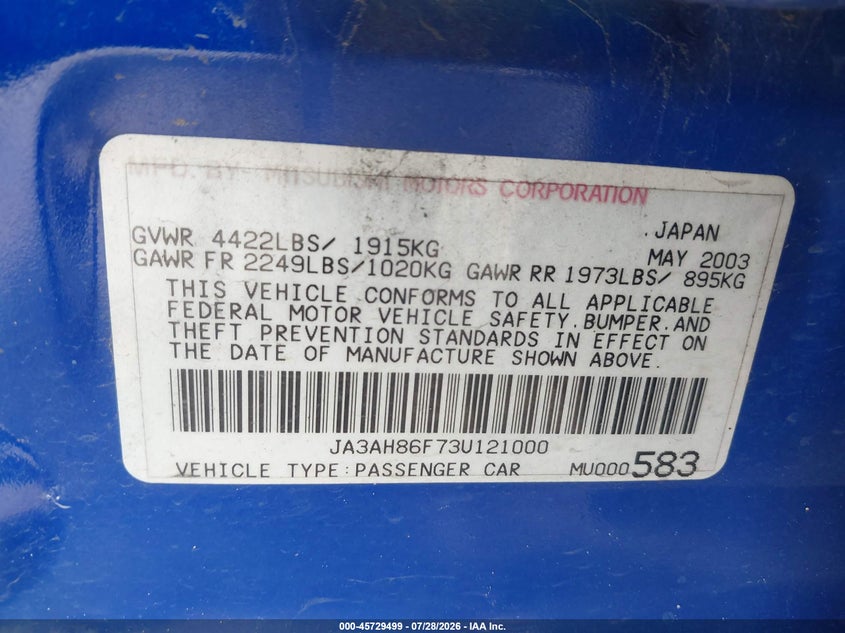 2003 Mitsubishi Lancer evolution VIN JA3AH86F73U121000 IAAI salvage auction — RIGHT FRONT, Salvage (Texas), sold $12,400 on 2026-08-24 (photo 9)