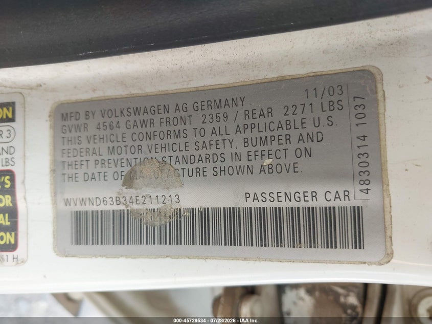2004 Volkswagen Passat VIN WVWND63B34E211213 IAAI salvage auction — FRONT END, Clear (Montana), sold $625 on 2026-08-12 (photo 9)