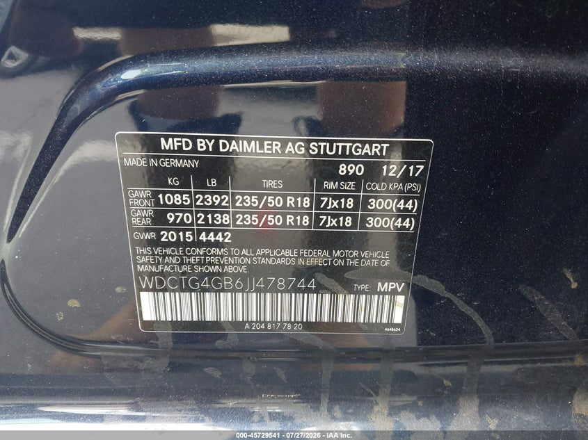 2018 Mercedes-benz Gla-klasse VIN WDCTG4GB6JJ478744 IAAI salvage auction — RIGHT FRONT, Salvage (North Carolina), sold $3,650 on 2026-08-14 (photo 9)