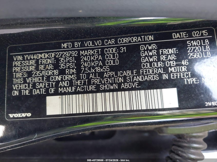 2015 Volvo Xc60 VIN YV440MDK0F2729792 IAAI salvage auction — NORMAL WEAR, Wait Title, sold $225 on 2026-08-11 (photo 9)