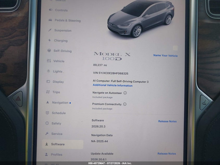 2017 Tesla Model x VIN 5YJXCDE28HF068325 IAAI salvage auction — FRONT & REAR, Rebuildable (Florida), sold $8,550 on 2026-08-20 (photo 7)
