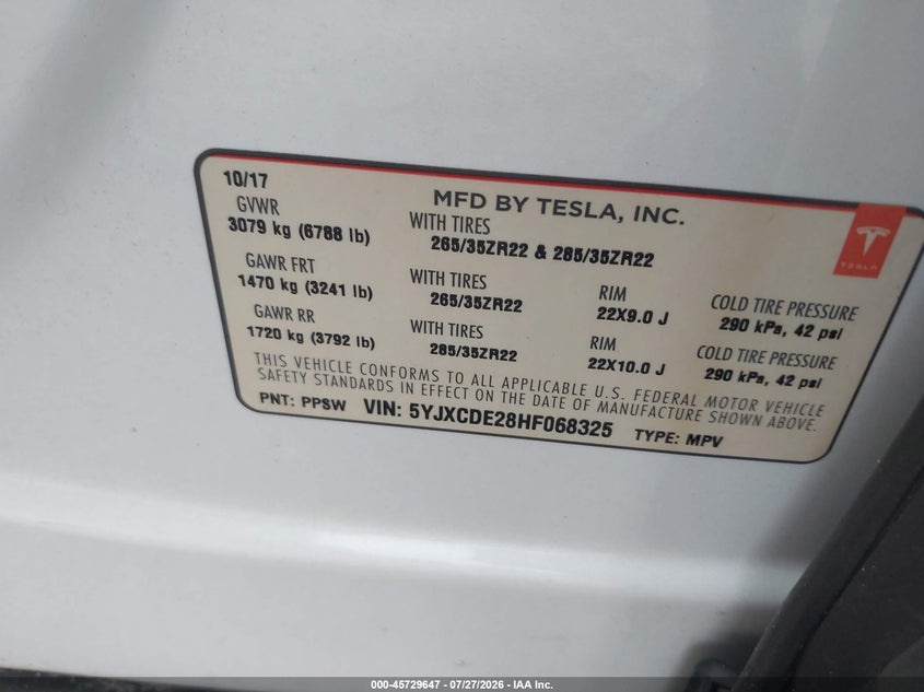 2017 Tesla Model x VIN 5YJXCDE28HF068325 IAAI salvage auction — FRONT & REAR, Rebuildable (Florida), sold $8,550 on 2026-08-20 (photo 9)
