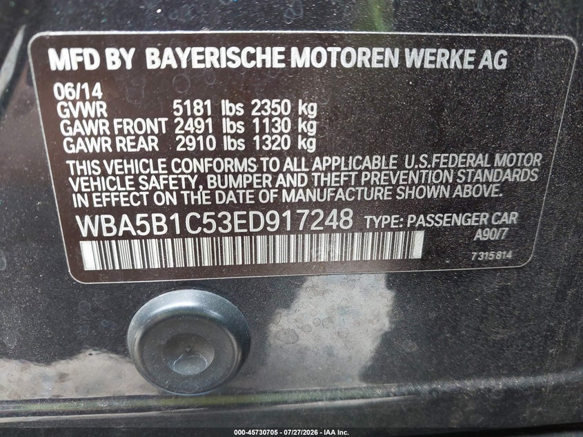 2014 BMW 5er VIN WBA5B1C53ED917248 IAAI salvage auction — FRONT END, Salvage Title, sold $525 on 2026-08-17 (photo 9)