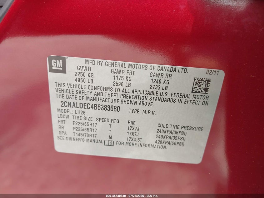 2011 Chevrolet Equinox VIN 2CNALDEC4B6383680 IAAI salvage auction — LEFT FRONT, Clear (Florida), sold $325 on 2026-07-31 (photo 9)