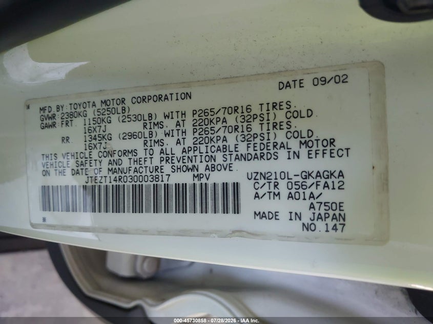 2003 Toyota 4runner VIN JTEZT14R030003817 IAAI salvage auction — NORMAL WEAR, Clear - Dealer Only (California), sold $2,800 on 2026-08-01 (photo 9)