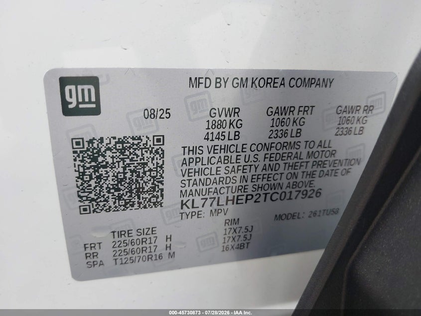 2026 Chevrolet Trax VIN KL77LHEP2TC017926 IAAI salvage auction — FRONT END, Salvage Title, sold $7,725 on 2026-09-08 (photo 9)