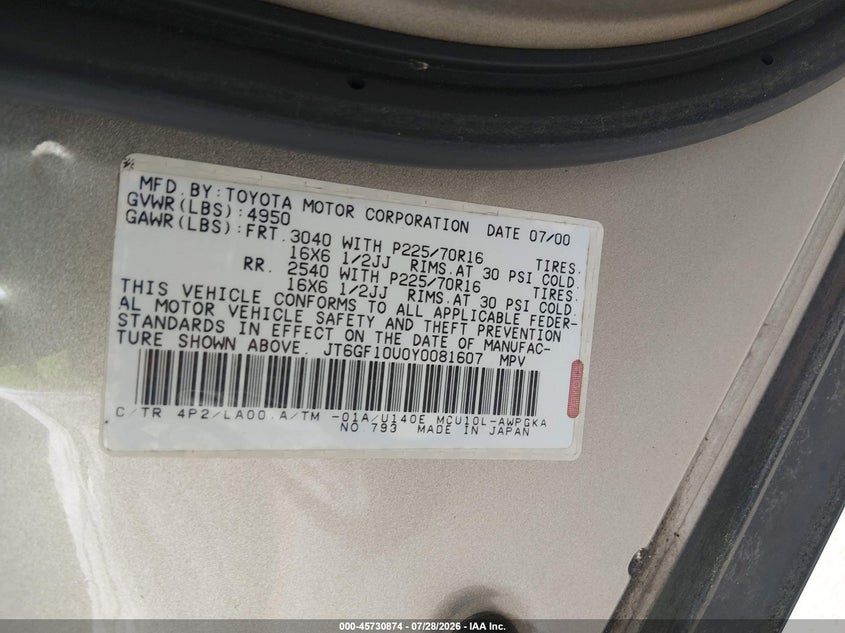 2000 Lexus Rx 300 VIN JT6GF10U0Y0081607 IAAI salvage auction — NORMAL WEAR, Original (Texas), sold $500 on 2026-07-31 (photo 9)