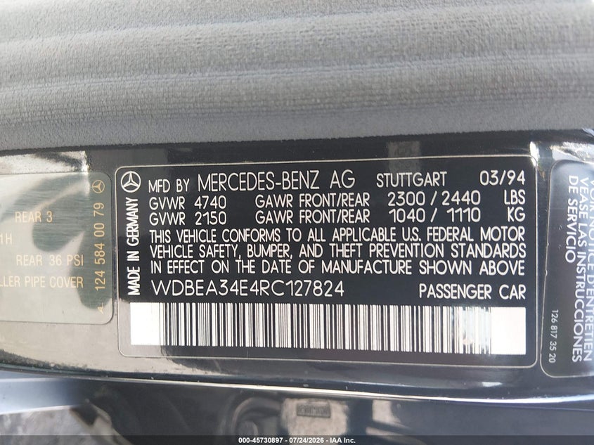 1994 Mercedes-benz E-class VIN WDBEA34E4RC127824 IAAI salvage auction — NORMAL WEAR, Salvage Title - Dealer (California), sold $9,000 on 2026-08-13 (photo 9)