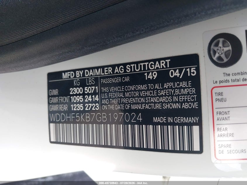 2016 Mercedes-benz E-klasse VIN WDDHF5KB7GB197024 IAAI salvage auction — FRONT END, Salvage Title, sold $3,650 on 2026-08-21 (photo 9)