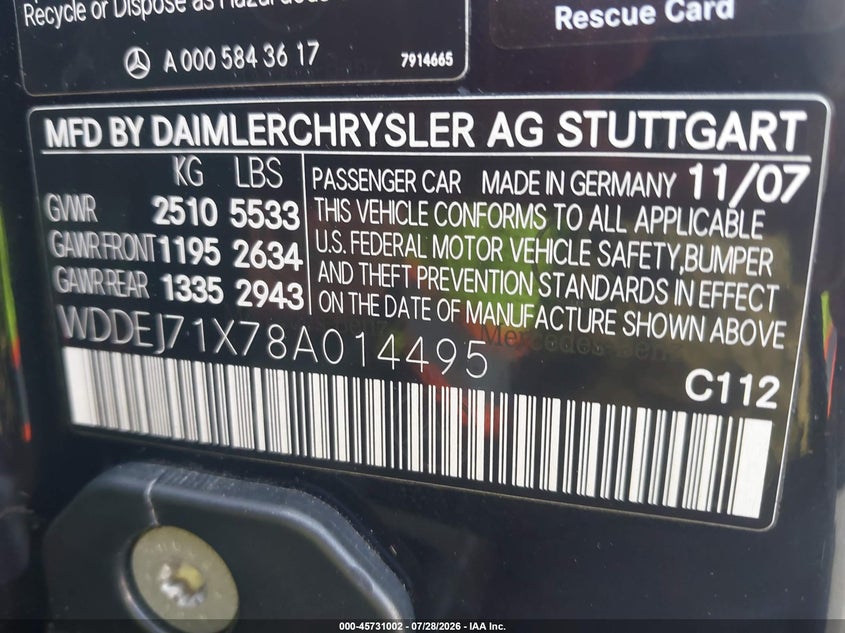 2008 Mercedes-benz Cl-class VIN WDDEJ71X78A014495 IAAI salvage auction — NORMAL WEAR, Clear - Dealer Only (California), sold $1,050 on 2026-08-03 (photo 9)