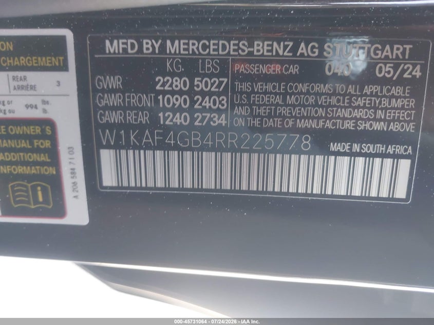 2024 Mercedes-benz C-klasse VIN W1KAF4GB4RR225778 IAAI salvage auction — FRONT END, Wait Title, sold $15,600 on 2026-08-24 (photo 9)