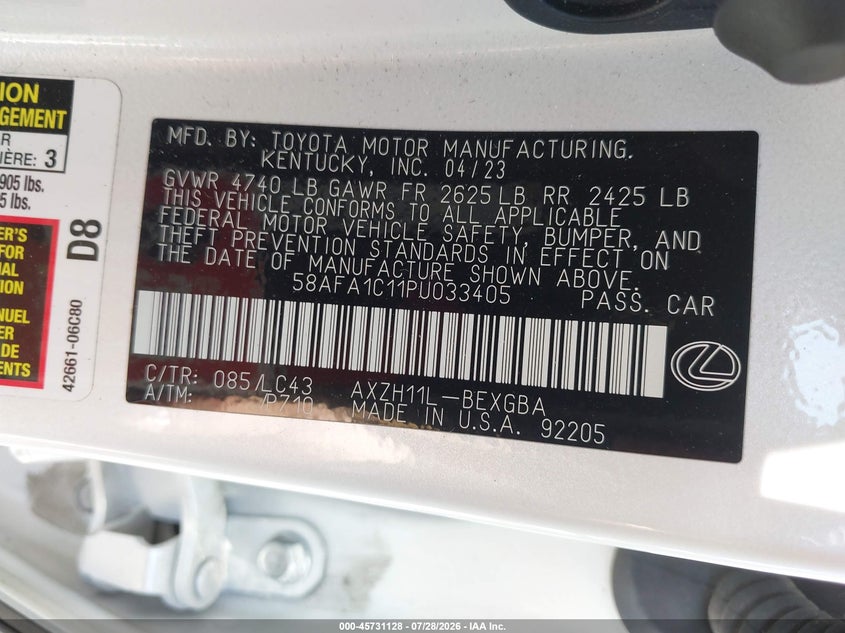 2023 Lexus ES VIN 58AFA1C11PU033405 IAAI salvage auction — FRONT & REAR, Salvage Title, sold $11,850 on 2026-09-16 (photo 9)