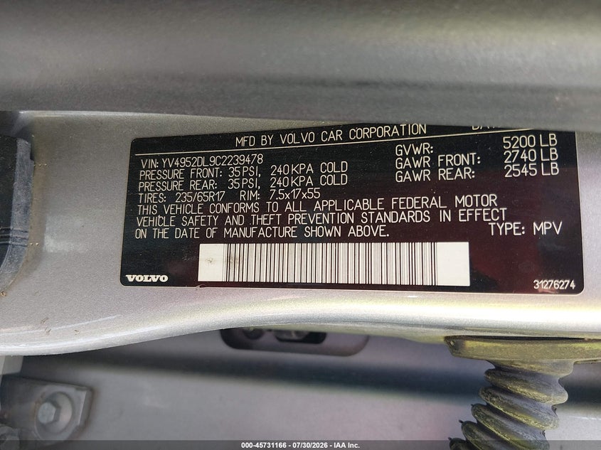 2012 Volvo Xc60 VIN YV4952DL9C2239478 IAAI salvage auction — NORMAL WEAR, Salvage Title, sold $500 on 2026-08-13 (photo 9)