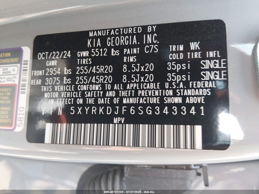 2025 Kia Sorento VIN 5XYRKDJF6SG343341 IAAI salvage auction — RIGHT SIDE, Wait Title, sold $9,100 on 2026-08-28 (photo 9)
