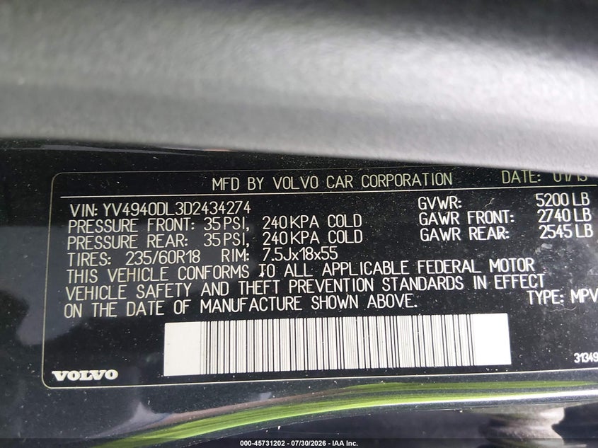 2013 Volvo Xc60 VIN YV4940DL3D2434274 IAAI salvage auction — NORMAL WEAR, Salvage Title, sold $1,350 on 2026-08-14 (photo 9)