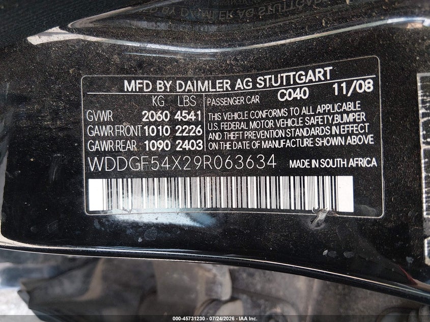 2009 Mercedes-benz C class VIN WDDGF54X29R063634 IAAI salvage auction — NORMAL WEAR, Clear (Kansas), sold $325 on 2026-07-31 (photo 9)