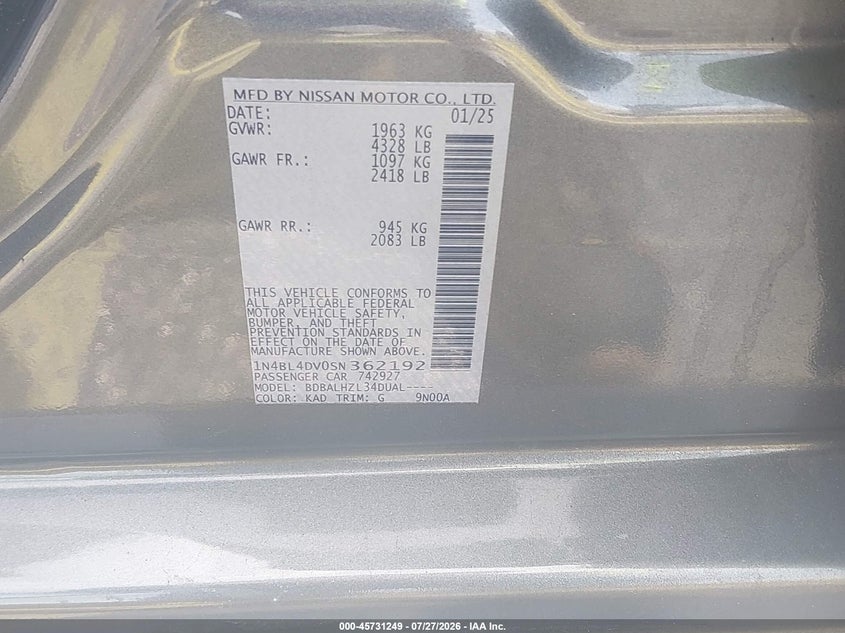 2025 Nissan Altima VIN 1N4BL4DV0SN362192 IAAI salvage auction — RIGHT SIDE, Enterprise Vehicles Clear Only (Florida), sold $13,200 on 2026-07-30 (photo 9)