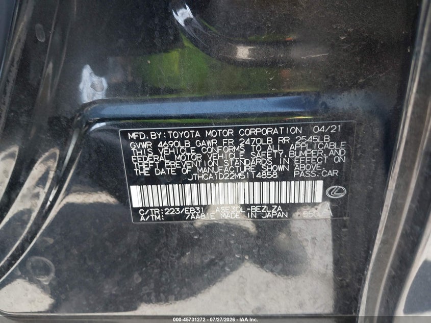 2021 Lexus Is VIN JTHCA1D22M5114858 IAAI salvage auction — RIGHT FRONT, Wait Title, sold $6,000 on 2026-09-04 (photo 9)