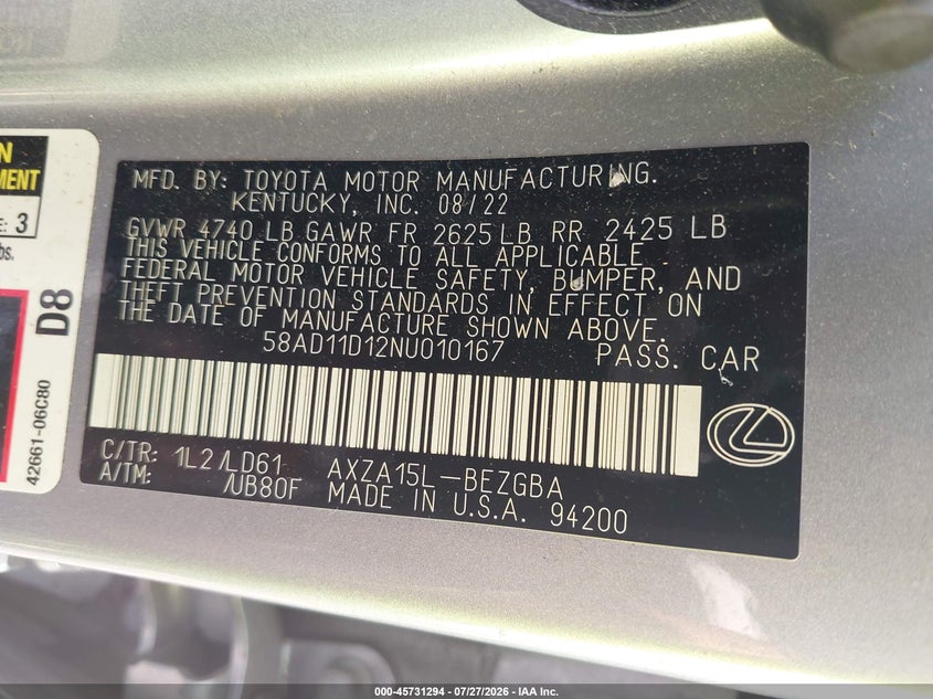 2022 Lexus ES VIN 58AD11D12NU010167 IAAI salvage auction — FRONT END, Salvage Title, sold $16,600 on 2026-08-29 (photo 9)