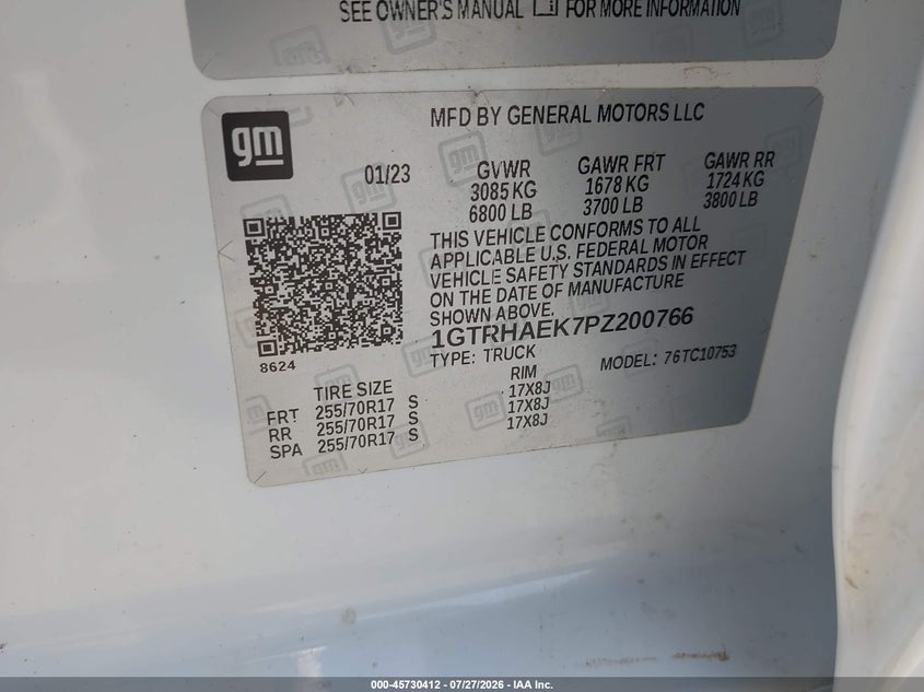 2023 Gmc SIERRA VIN 1GTRHAEK7PZ200766 IAAI salvage auction — FRONT END, Salvage (California), sold $9,100 on 2026-07-30 (photo 9)