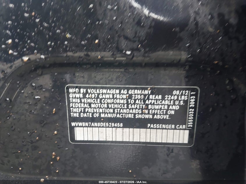 2013 Volkswagen Cc VIN WVWBN7AN8DE529458 IAAI salvage auction — NORMAL WEAR, Repossession Paperwork (Georgia), sold $375 on 2026-08-11 (photo 9)