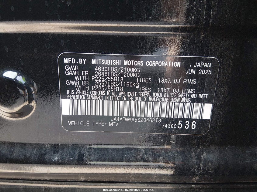 2025 Mitsubishi Eclipse cross VIN JA4ATWAA5SZ046213 IAAI salvage auction — RIGHT SIDE, Enterprise Vehicles Clear Only (Louisiana), sold $10,400 on 2026-08-10 (photo 9)