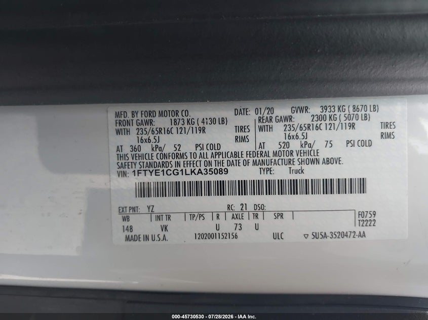 2020 Ford VIN 1FTYE1CG1LKA35089 IAAI salvage auction — SIDE, Enterprise Vehicles Clear Only (Washington), sold $10,600 on 2026-08-01 (photo 9)