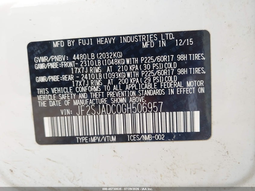 2016 Subaru Forester VIN JF2SJADC0GH506957 IAAI salvage auction — WATER/FLOOD, Wait Title, sold $975 on 2026-09-04 (photo 9)
