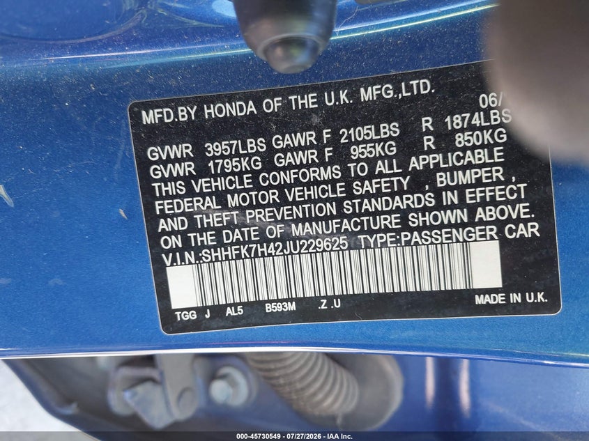 2018 Honda Civic VIN SHHFK7H42JU229625 IAAI salvage auction — RIGHT SIDE, Salvage Title, sold $625 on 2026-08-24 (photo 9)