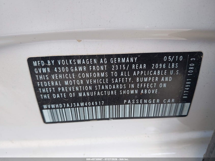2010 Volkswagen Gti VIN WVWHD7AJ3AW404917 IAAI salvage auction — SIDE, Bill Of Sale (Washington), sold $2,500 on 2026-08-16 (photo 9)