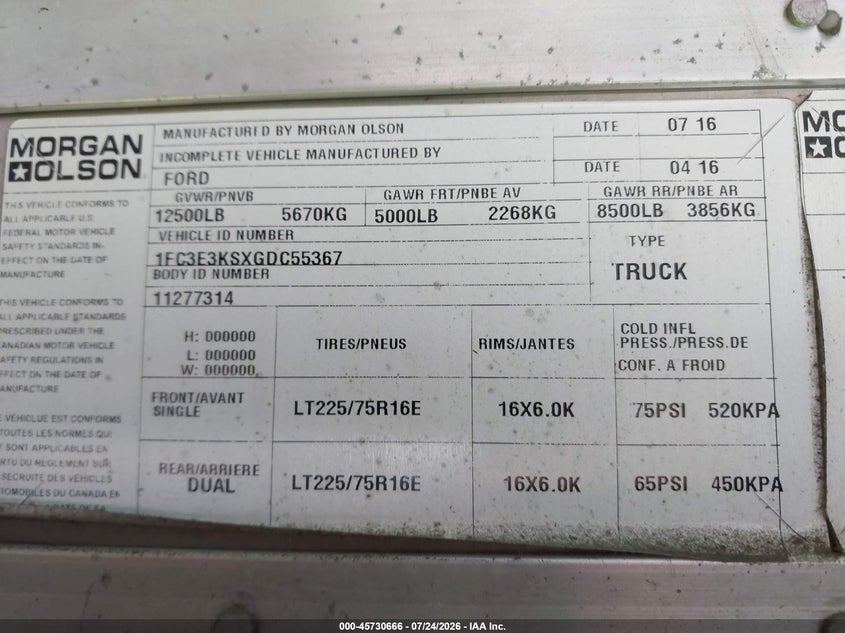 2016 Ford E-350 VIN 1FC3E3KSXGDC55367 IAAI salvage auction — NORMAL WEAR, SF97 (California), sold $17,200 on 2026-08-27 (photo 9)