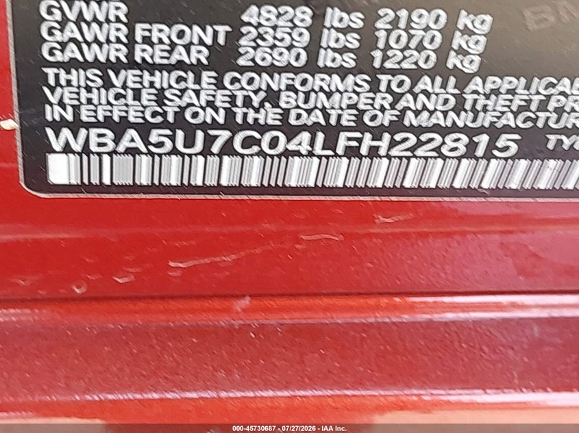 2020 BMW 3er VIN WBA5U7C04LFH22815 IAAI salvage auction — FRONT END, Clear (New York), sold $3,050 on 2026-08-04 (photo 9)