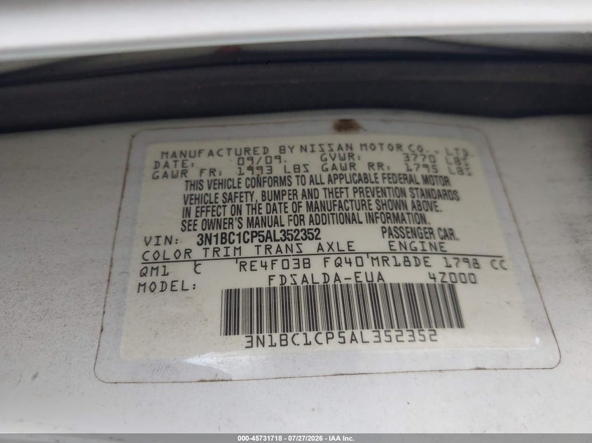 2010 Nissan Versa VIN 3N1BC1CP5AL352352 IAAI salvage auction — LEFT REAR, Salvage (Georgia), sold $400 on 2026-09-10 (photo 9)